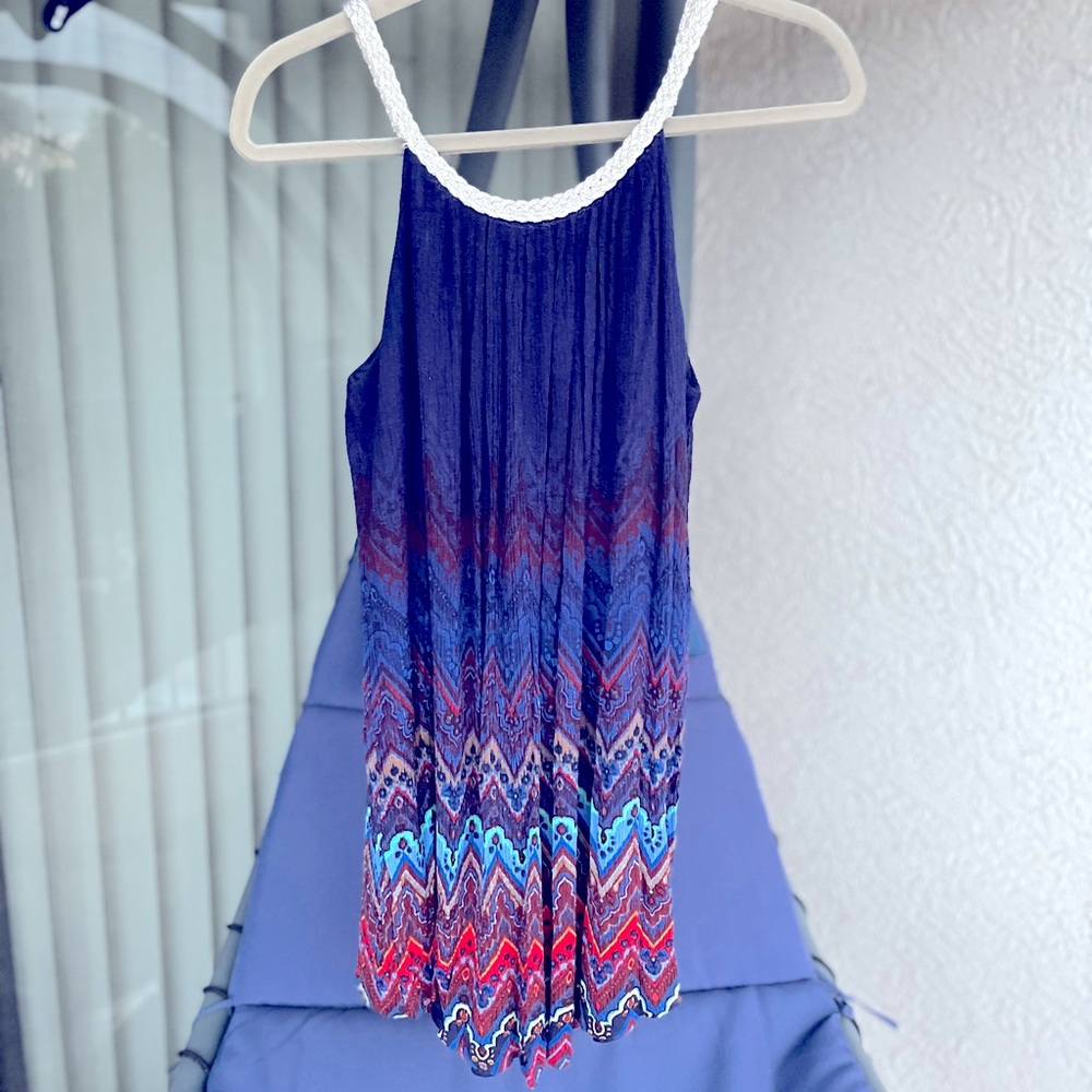 Pinky Halter Tank Navy Base with Gold Rope Straps & Chevron of Red Teal Purple